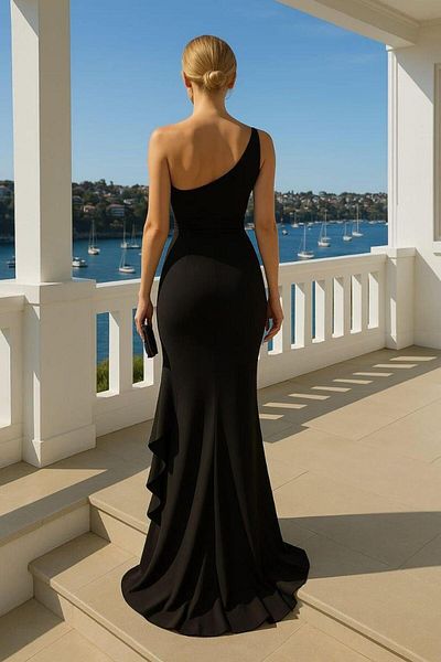 Modafeminen One Shoulder Knot Detail Slit Long Scuba Fabric Evening Dress Black 582135