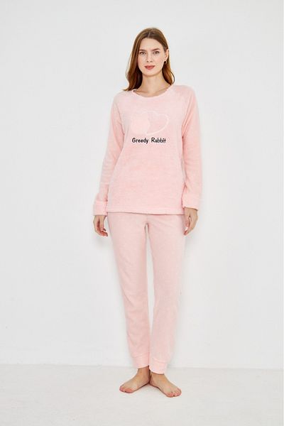 Pajama Shop Women's Well Soft Fleece Pink Heart Rabbit Pattern Crew Neck Long Sleeve Winter Pajamas Set