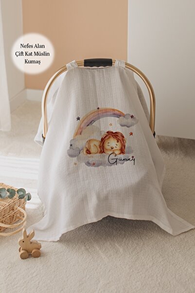 Lilabio %100 Pamuk İsme Özel Çift Katlı Müslin Puset Örtüsü - Aslan