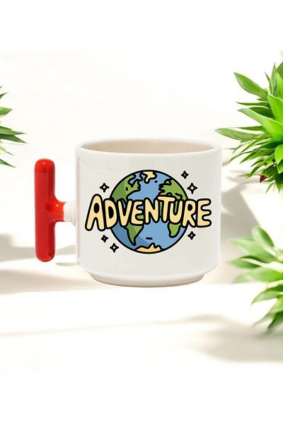 BB TRADE Adventure Designed Red t Handle Ceramic Printed Mug 250 ml