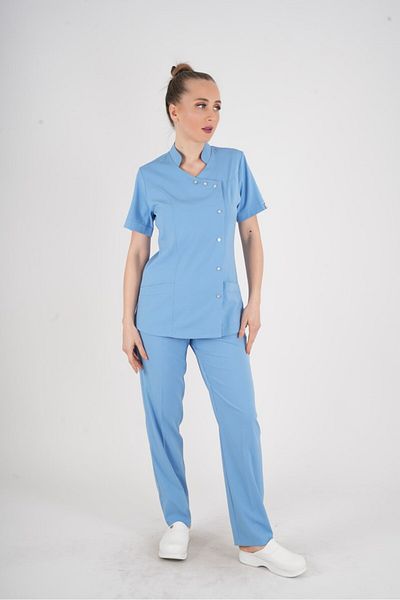 Nur Medikal Giyim Aylu Model Soft Lycra Albastru Bebeluș Doctor Asistentă Spital Uniformă Scrubs Set