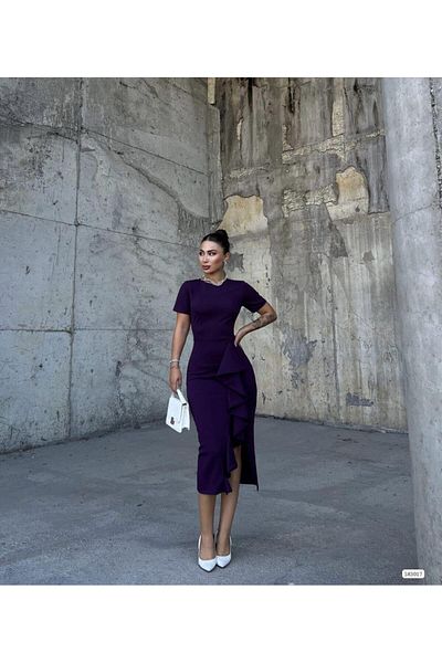 Modafeminen Rip Frill Short Sleeve Crepe Dress 583017 Purple