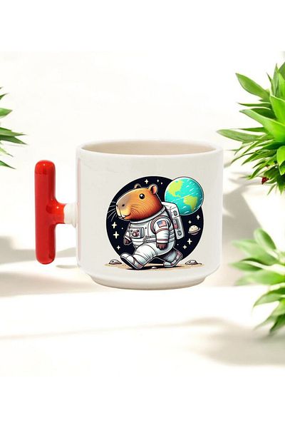 BB TRADE Astronaut Designed Red T-Handle Ceramic Printed Mug 250 ml