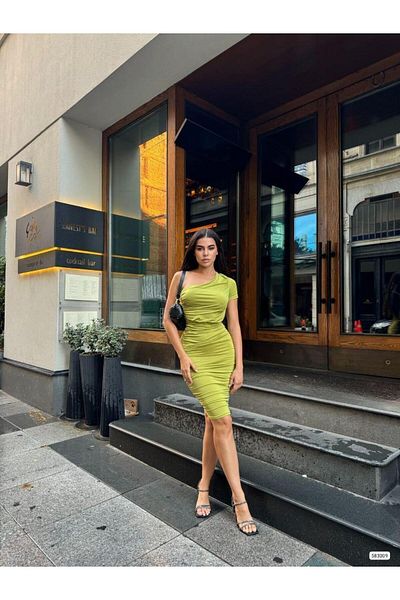 Modafeminen One Sleeve Detail Sandy Fabric Dress 583009 F.Green