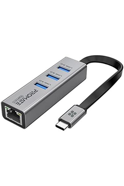Promate محول شبكة GigaHub-C متعدد المنافذ USB-C إلى RJ45 بسرعة 1000 ميجابت في الثانية مع 3 منافذ USB فائقة السرعة، 5 جيجابت في الثانية