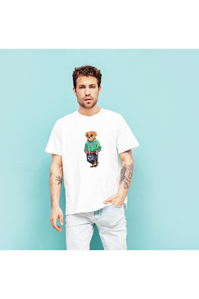 podyum baskı Teddy Bear Printed Design Printed 100% Cotton Crew Neck Black-White T-Shirt