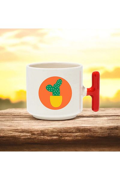 BB TRADE Cactus in a Pot Designed Red t Handled Ceramic Printed Mug Cup 250 ml