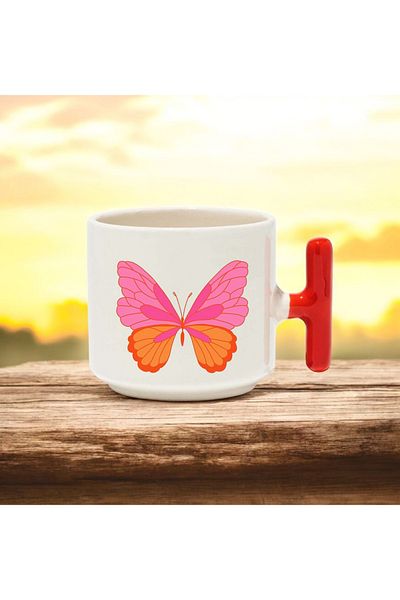 BB TRADE Pink Butterfly Designed Red T-Handle Ceramic Printed Mug 250 ml