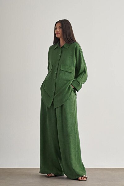 Mizalle Keten Dokulu Beli Lastikli Haki Bol Kesim Pantolon