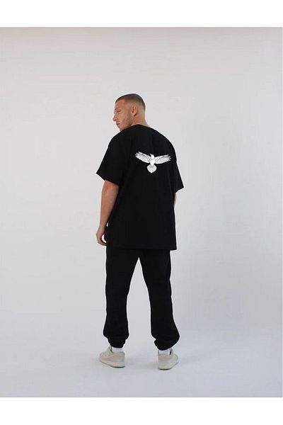 Monaco Tekstil Men's Black Oversized Round Neck Short Sleeve Tracksuit Set with Back Print
