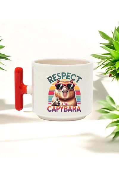 BB TRADE Respect Kapibara Designed Red T-Handle Ceramic Printed Mug 250 ml