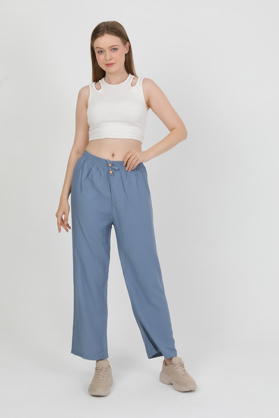 Eyyo Kadın Beli Lastikli Bol Paça Keten Pantolon Kra-4391
