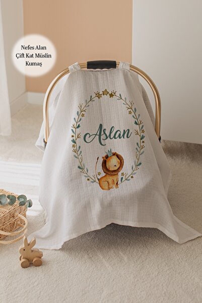 Lilabio %100 Pamuk İsme Özel Çift Katlı Müslin Puset Örtüsü - Aslan