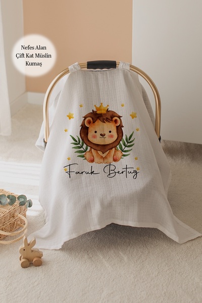 Lilabio %100 Pamuk İsme Özel Çift Katlı Müslin Puset Örtüsü - Aslan
