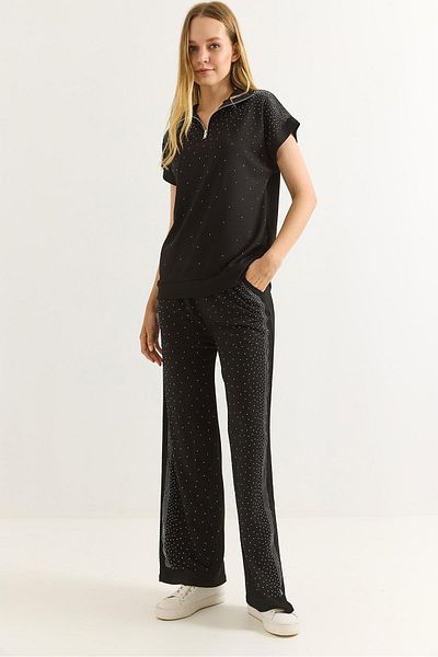 Raneel Kazançlı Alışveriş Mini Stone Zippered Short Sleeve Double Suit Black