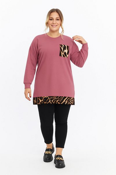 Birol Triko Women's Dusty Rose Leopard Pattern Tunic