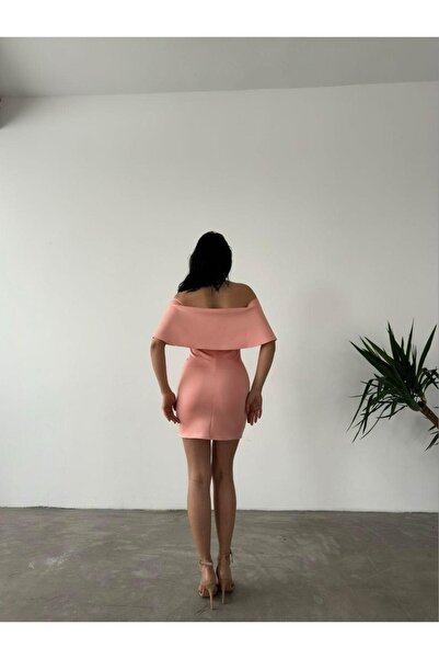 Modafeminen Düşük Omuz Mini Scuba Elbise 58985 PUDRA
