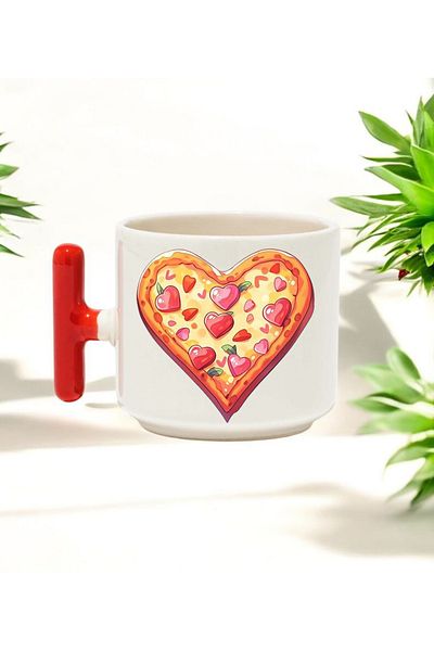 BB TRADE Pizza Design Red t Handle Ceramic Printed Mug Cup 250 ml