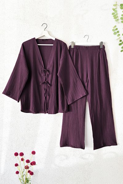 MODAQU Front String Laced Crinkle Kimono Trousers Double Set - Purple