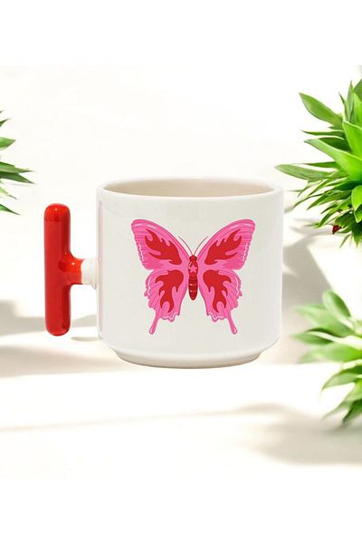 BB TRADE Colorful Butterfly Design Red T-Handle Ceramic Printed Mug 250 ml
