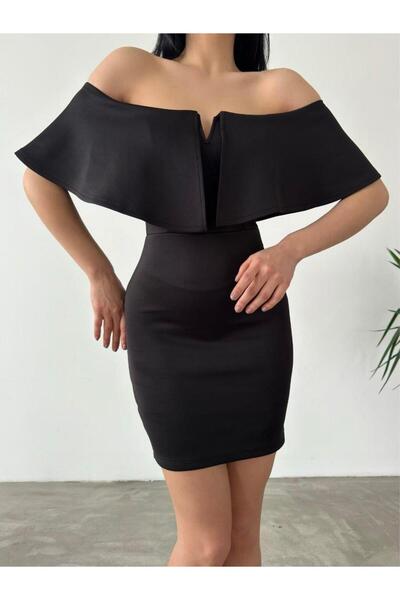 Modafeminen Düşük Omuz Mini Scuba Elbise 58985 SİYAH
