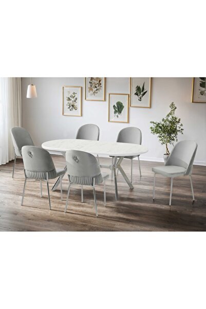 Stile Lizbon Serisi 80x160 Lak Panel Beyaz Mermer Desen Krom Ayak Masa Takımı 6 Açık Gri Sandalye