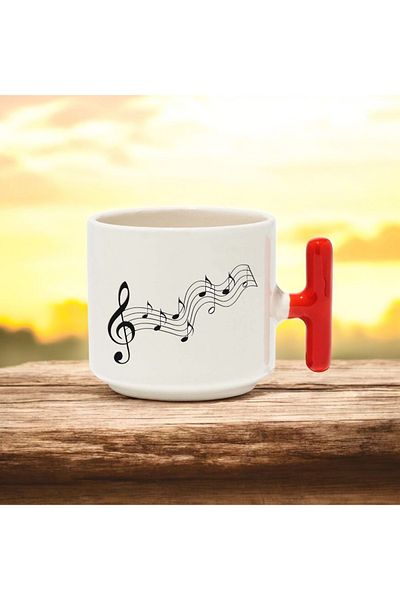 BB TRADE Music Notes Designed Red t Handle Ceramic Printed Mug Cup 250 ml