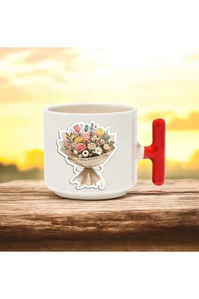BB TRADE Red T-Handled Ceramic Printed Mug with Flower Bouquet Design 250 ml