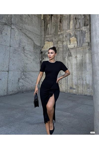 Modafeminen Rip Frill Short Sleeve Crepe Dress 583017 Black