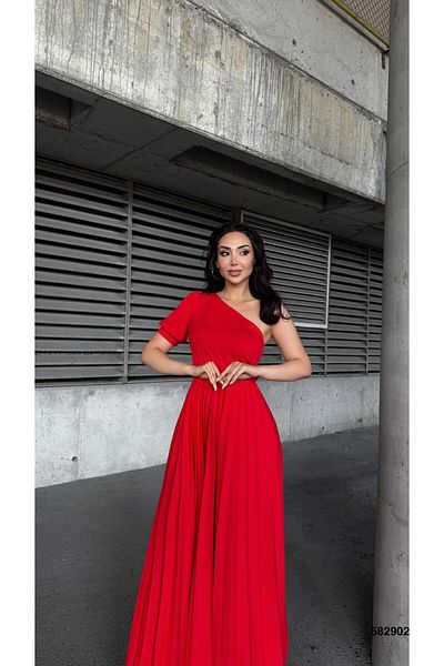 Modafeminen One Shoulder Pleated Long Evening Dress 582902 Red
