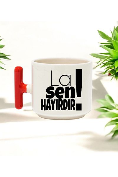 BB TRADE Sen Hayırdır Designed Red t Handle Ceramic Printed Mug Cup 250 ml