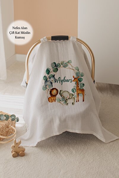 Lilabio %100 Pamuk İsme Özel Çift Katlı Müslin Puset Örtüsü - Safari