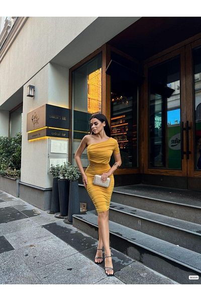 Modafeminen One Sleeve Detailed Sandy Fabric Dress 583009 Yellow