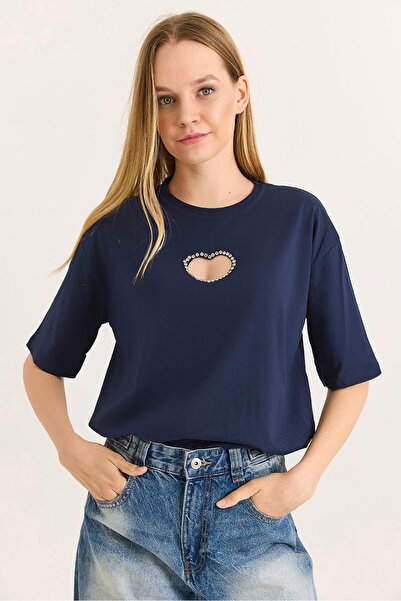 Raneel Kazançlı Alışveriş Kalp Dekolteli Bisiklet Yaka Tshirt Lacivert
