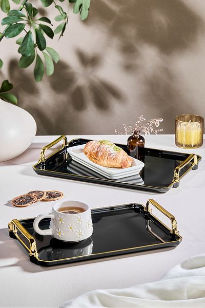 Leila 2-Piece Gold Gilded Black Tray Presentation Decorative Home Tableware Kitchen Tea Coffee Tray