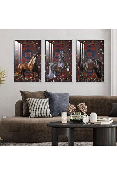 Marktna ثلاث لوحات جدارية خشبية بتصميم حصان مع برواز خشبي فضي و طبقة من الاكر...