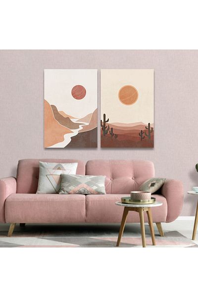 4gdran Desert Design Double Panel Canvas Painting with Hidden Wooden Frame