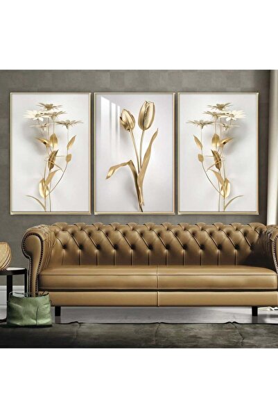 4gdran ثلاث لوحات جدارية خشبية بتصميم وردة ذهبية مع برواز خشبي ذهبي و طبقة من الاكريلك الشفاف
