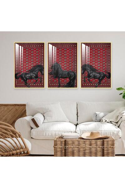 Marktna ثلاث لوحات جدارية خشبية بتصميم حصان مع برواز خشبي ذهبي و طبقة من الاك...