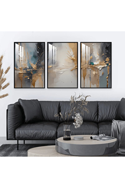 SND Three wooden wall panels in a bohemian art design with a black wooden fra...