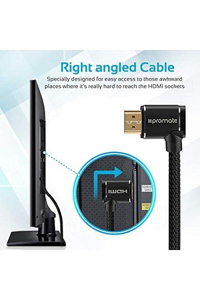 Promate 4K HDMI Cable, 4K Ultra HD 150cm Mesh-Armored HDMI Cable with Right Angled Gold-Plated Conne