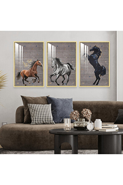 Marktna ثلاث لوحات جدارية خشبية بتصميم حصان مع برواز خشبي ذهبي و طبقة من الاك...
