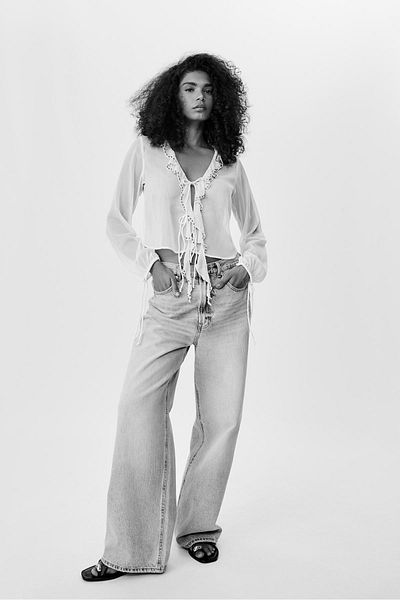 Stradivarius Ruffled blouse with beaded embroidery