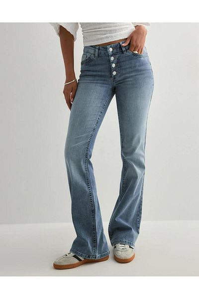 VibeGaia Women's High Waist Button Detailed Bootcut Jeans - Light Blue