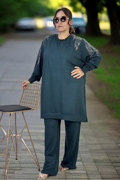 yagmurberen CRYSTAL 2 THREAD LYCRAL FABRIC STONE EMBROIDERY DETAIL EXTRA LARGE SIZE TUNIC PANTS DOUBLE SET