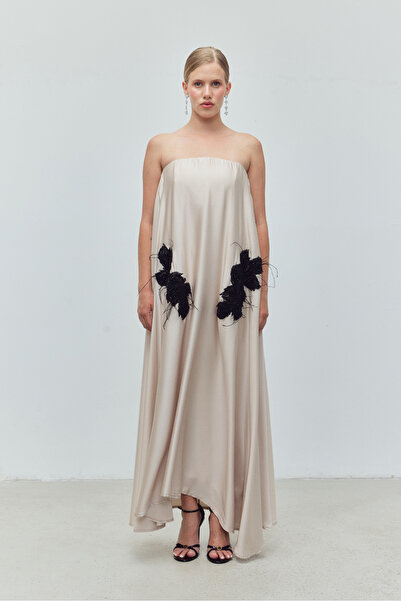 Bohai Design Ekru Bej Renk Straplez Uzun Şık Davet Özel Gün Elbisesi