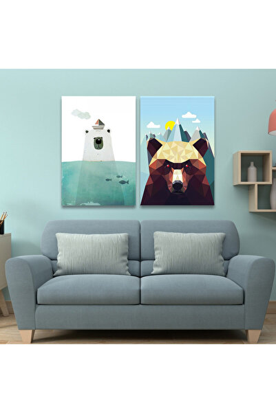 SND لوحة قماشية ثنائية بتصميم دب مع برواز فضي مجوف