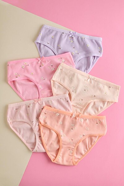 Katia&Bony Pachet de 5 chiloți pentru fete cu nervuri cu imprimeu floral