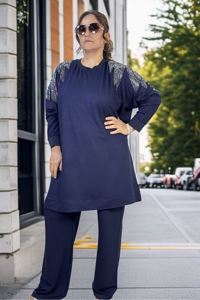 yagmurberen CRYSTAL 2 THREAD LYCRAL FABRIC STONE EMBROIDERY DETAIL EXTRA LARGE SIZE TUNIC PANTS DOUBLE SET