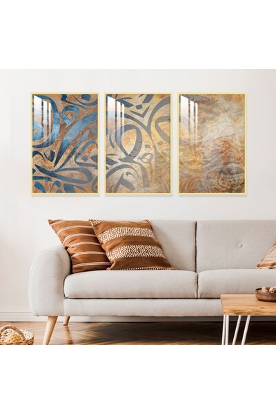 Marktna ثلاث لوحات جدارية خشبية مع برواز خشبي ذهبي و طبقة من الاكريلك الشفاف
